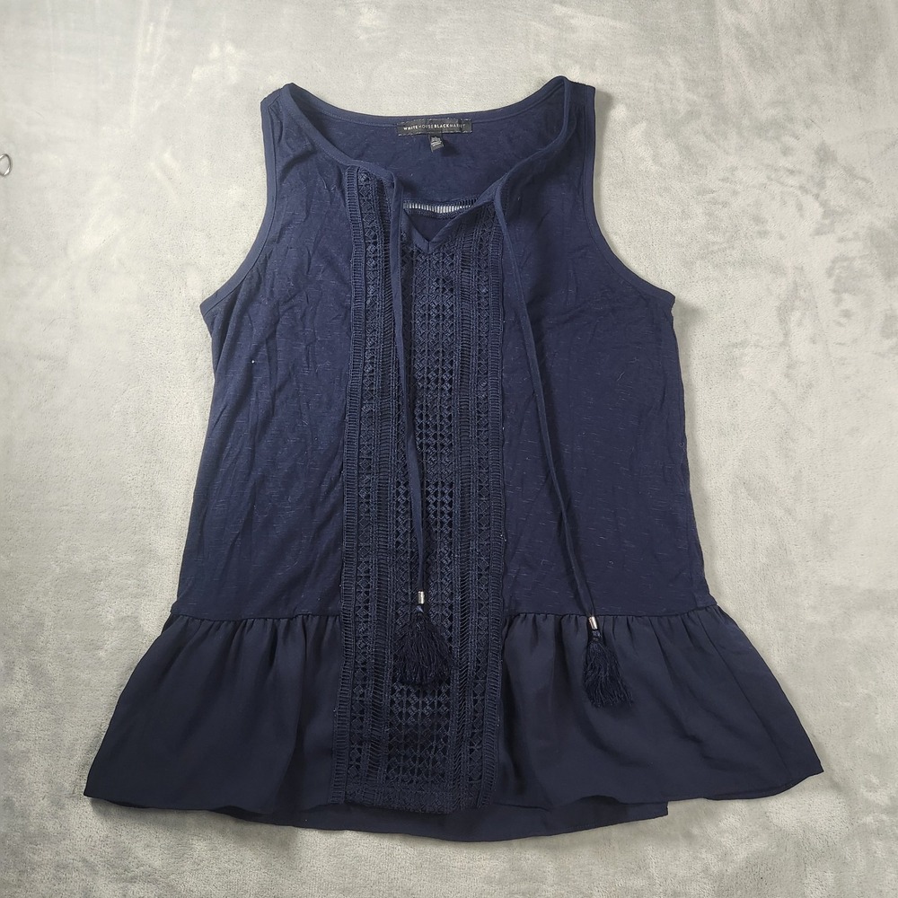 WHBM Navy Blue Lace Detail Boho Tassel Tank Top Size S Romantic‎ Coquette
